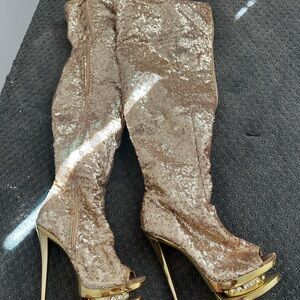Pleaser Gold Sequin Peep-Toe Stiletto Boots